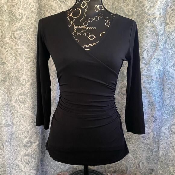 Rafaela Ergofit S Jet Black Wrap Front Ruched Stretch Poly Smooth Knit Top MINT! - Picture 1 of 11